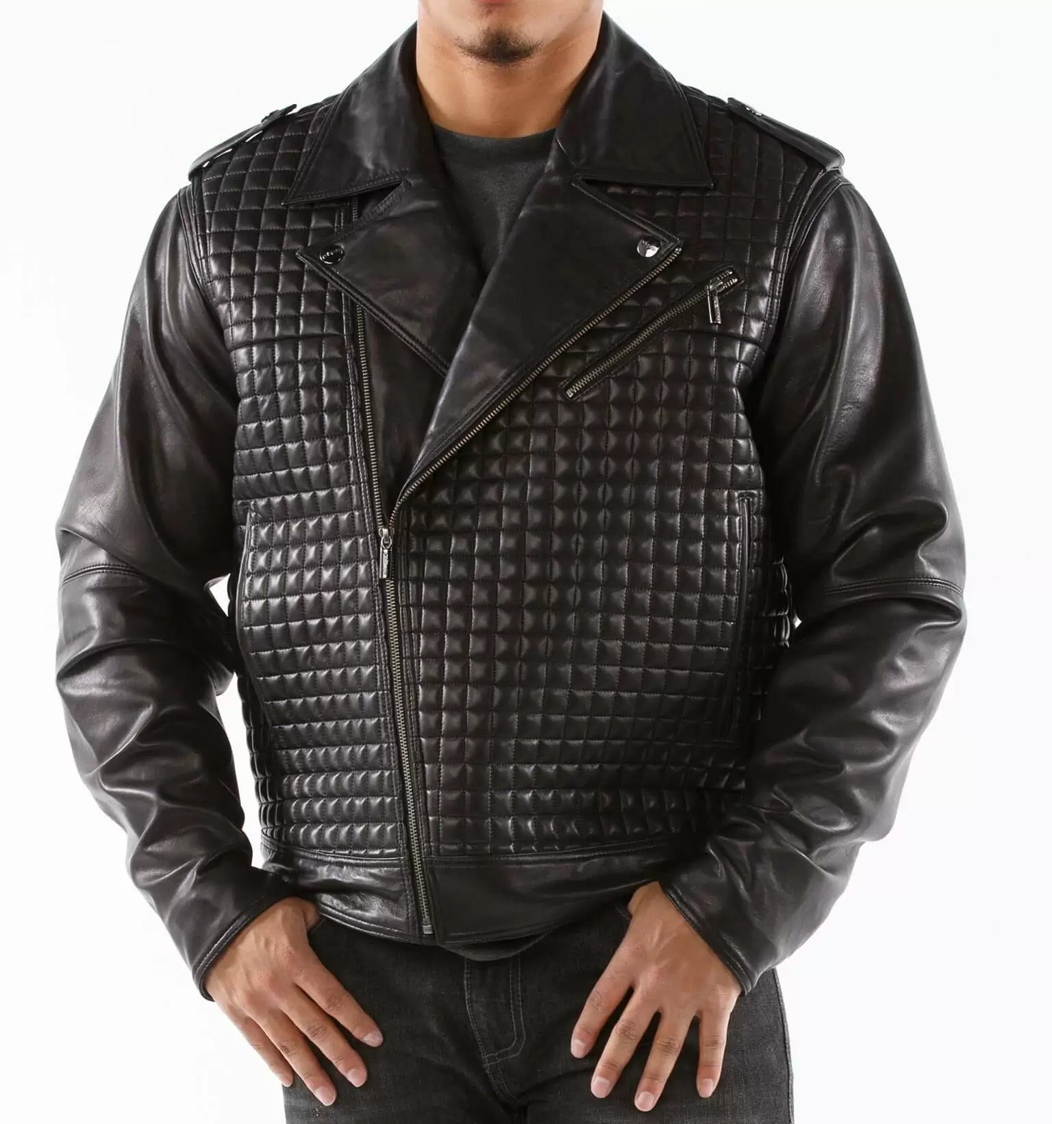 Pelle Pelle Black Biker Leather Jacket Houndstooth view 2