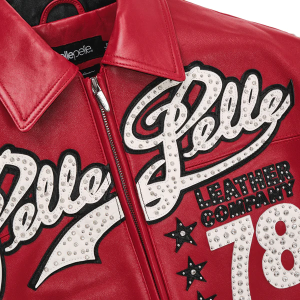 Pelle Pelle Encrusted Varsity Red Jacket | Plush Jacket view 3