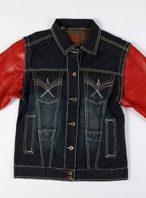 Exclusive Pelle Pelle Black Jeans Jacket With Red Leather Sleeves view 4
