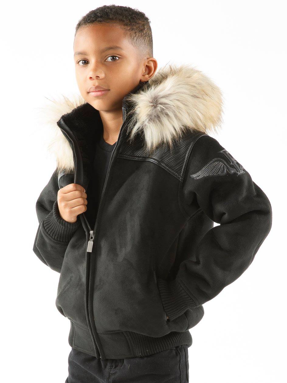 Kids Pelle Pelle Black Wings Fur Hood Wool Jacket