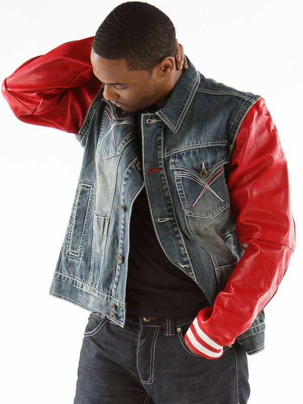 Exclusive Pelle Pelle Black Jeans Jacket With Red Leather Sleeves view 3