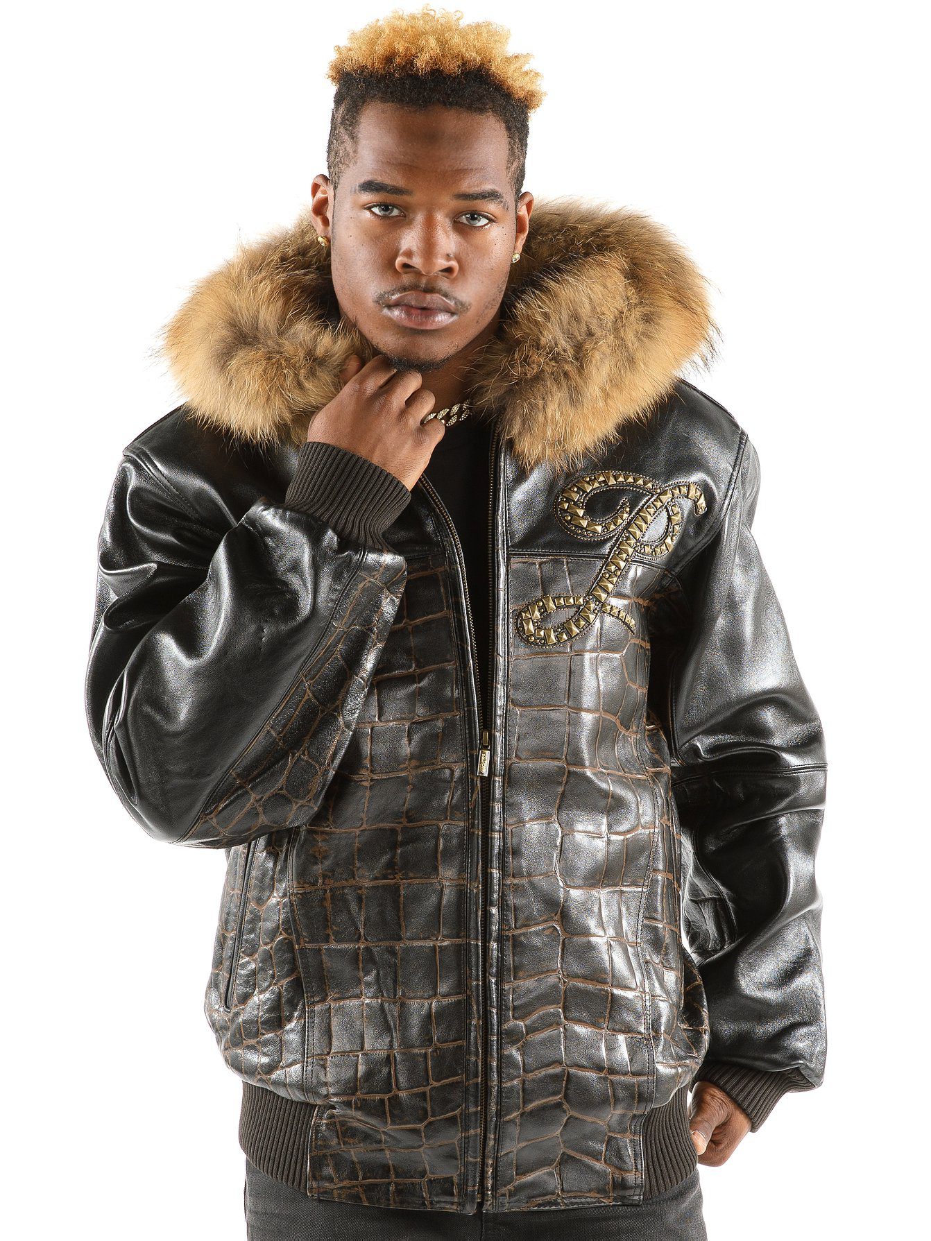 Black Pelle Pelle Crocodile Fur Hood Jacket view 2