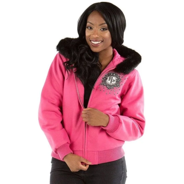 Pelle Pelle Pink Fur Hooded Women Jacket | Crest MB Jacket view 2