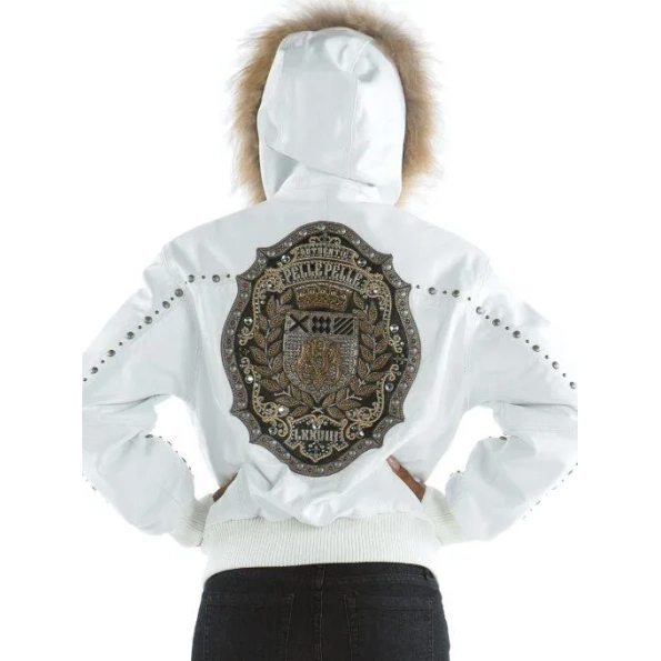 Pelle Pelle MB Emblem White Leather Jacket | Fur Hood Jacket view 2