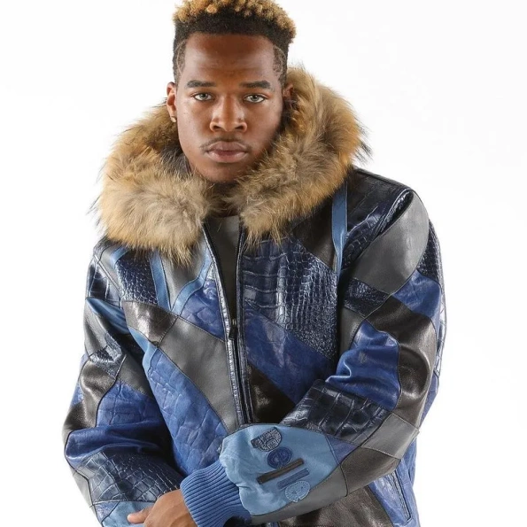 Pelle Pelle Men Blue Abstract Leather Jacket | Fur Hooded view 2