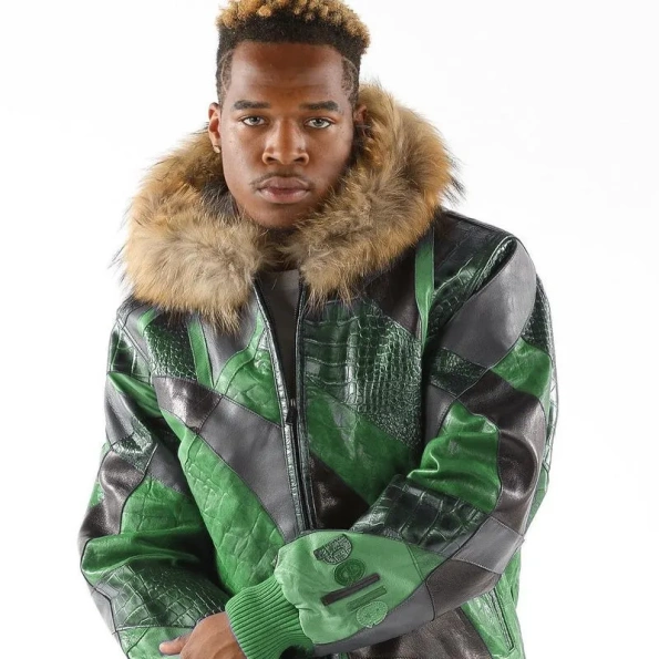 Pelle Pelle Green Fur Hood Leather Jacket | Abstract Pattern view 2