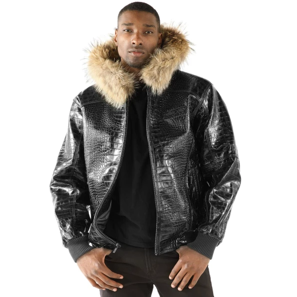 Pelle Pelle Crocodile Leather Men Black Jacket | Fur Hood view 2