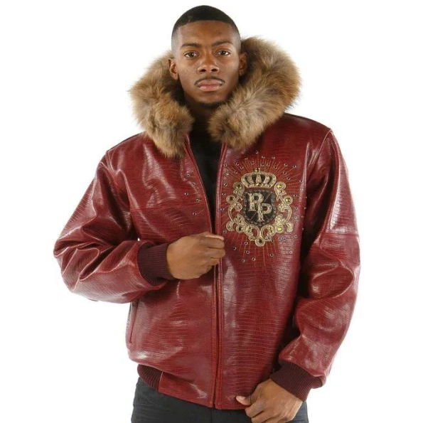 Pelle Pelle Maroon MB Crest Fur Hood Jacket | Leather Jacket