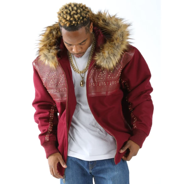 Pelle Pelle Maroon Wool Fur Hood Stud Jacket | Men Jacket view 4