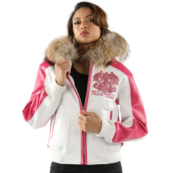Pelle Pelle White Pink Women Leather Jacket | Fur Hood view 4