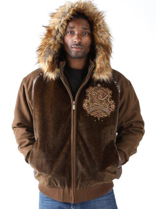 Pelle Pelle Brown Crest Fur Hood Wool Jacket | Men Jacket view 3