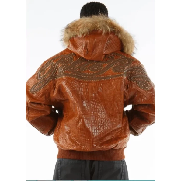Pelle Pelle Men Croc Leather Fur Hood Jacket | Brown Jacket view 2
