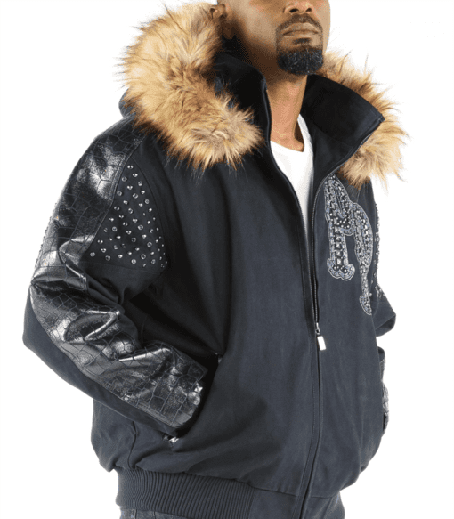 Pelle Pelle Black Blue Fur Hood Jacket | Airbourne Jacket view 3