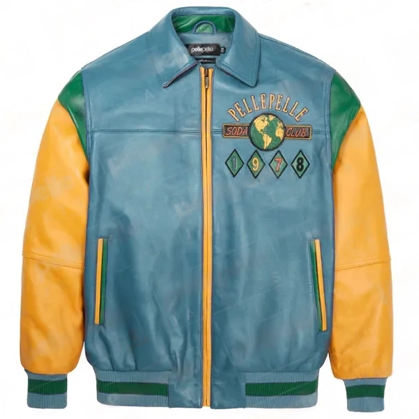 Pelle Pelle Turquoise Yellow Leather Jacket | Soda Club Jacket view 2