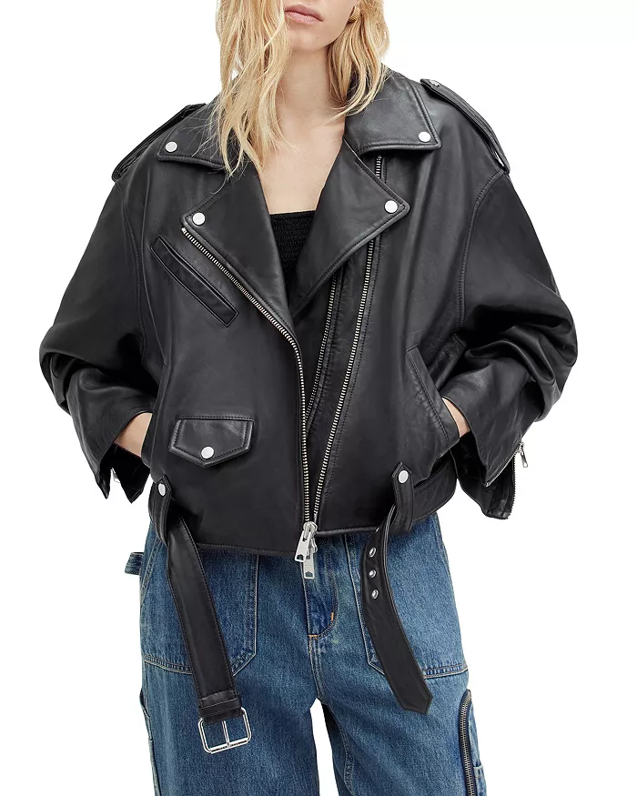 Black Biker Cropped Leather Jacket | Leather Jacket view 3