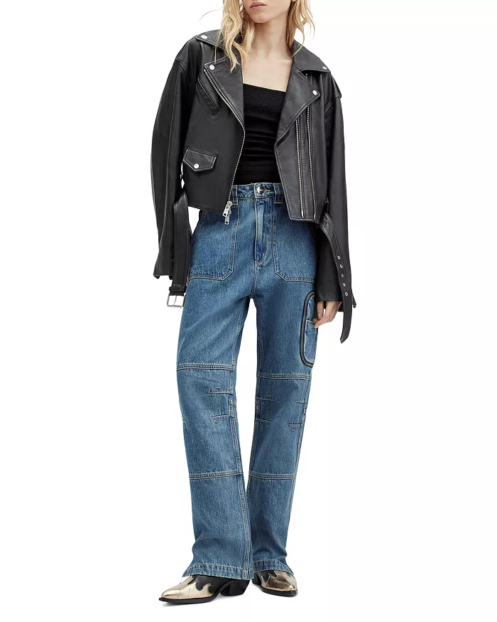 Black Biker Cropped Leather Jacket | Leather Jacket view 2