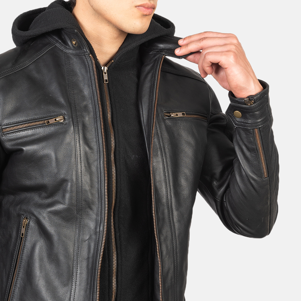 Black Removable Hood Motorcycle Leather Jacket view 3