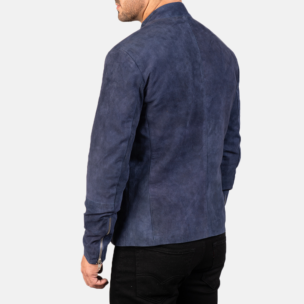 Navy Blue Suede Motorcycle Leather Jacket | Biker Jacket view 3