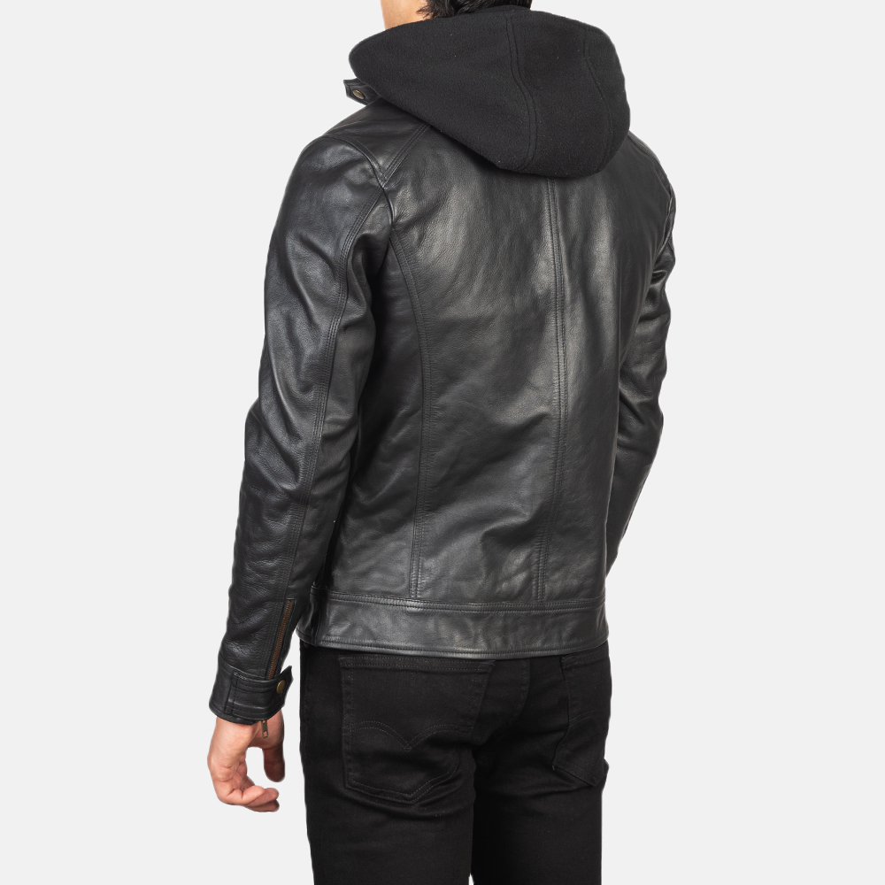 Black Removable Hood Motorcycle Leather Jacket view 2