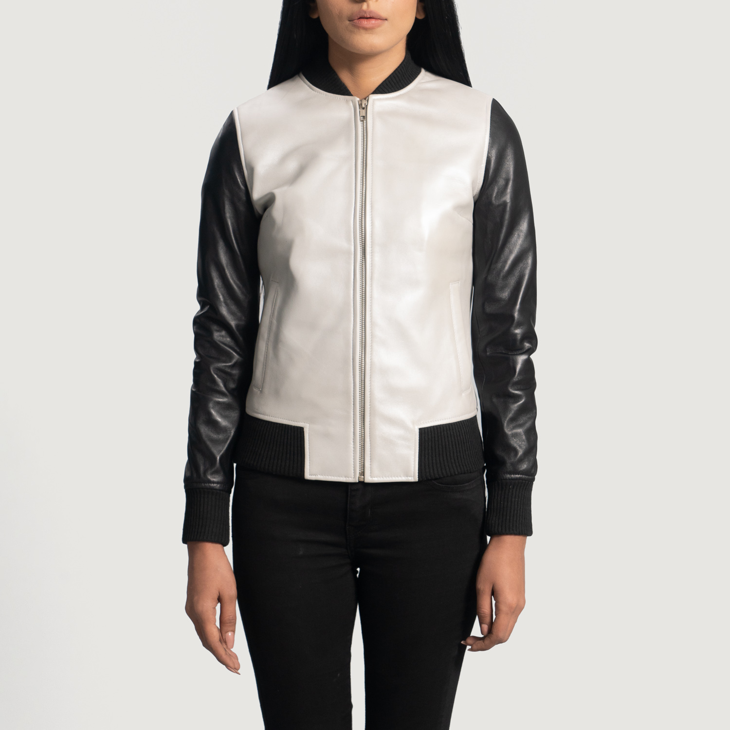 Black And White Leather Flight Jacket Women view 2