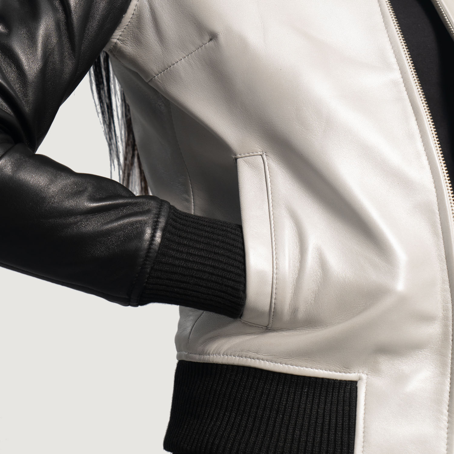 Black And White Leather Flight Jacket Women view 3