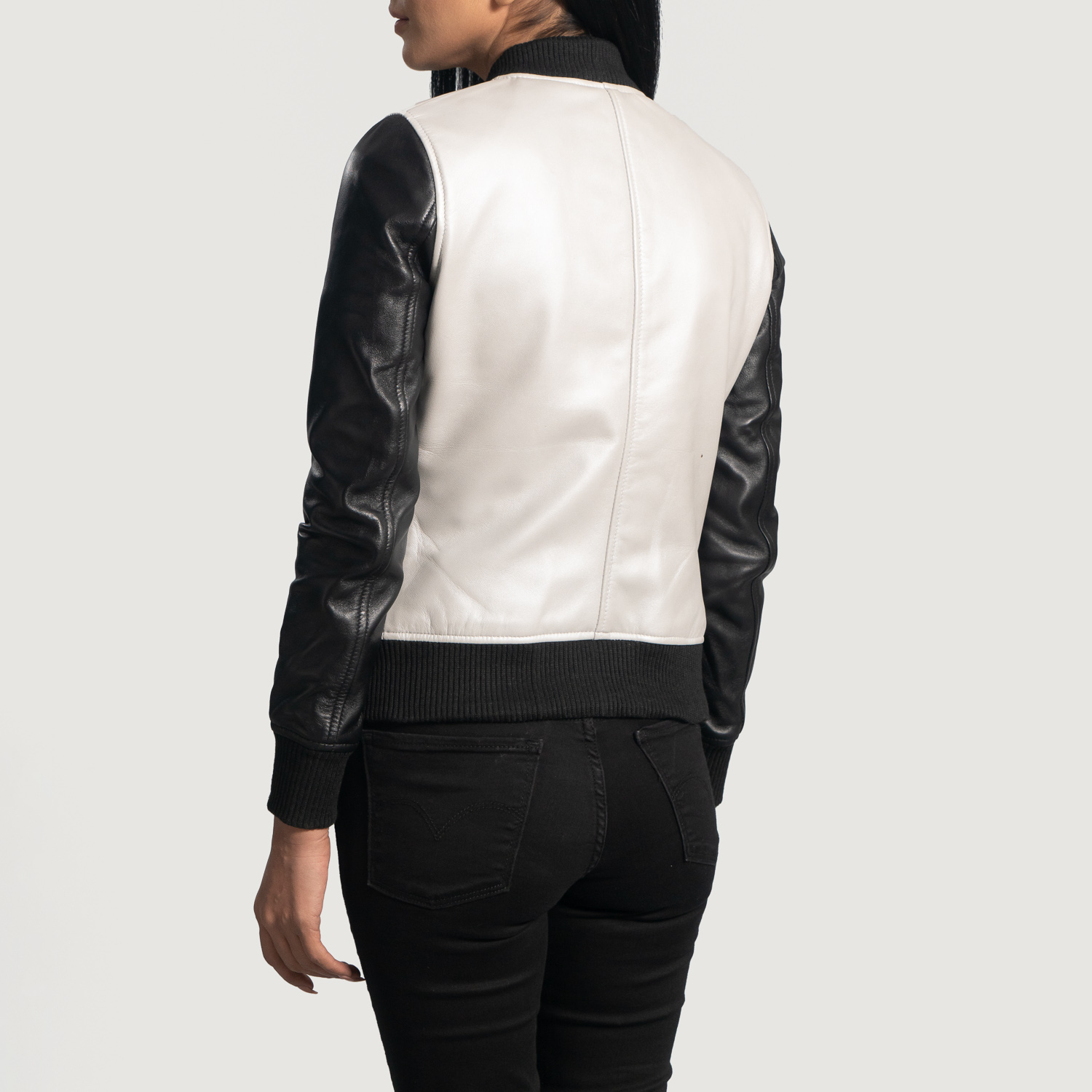 Black And White Leather Flight Jacket Women view 4