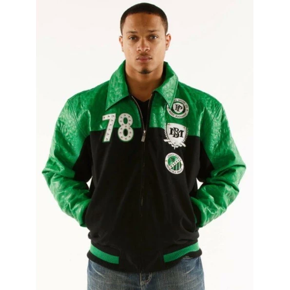 Pelle Pelle Green Black Varsity Jacket | Wool Leather Jacket view 2