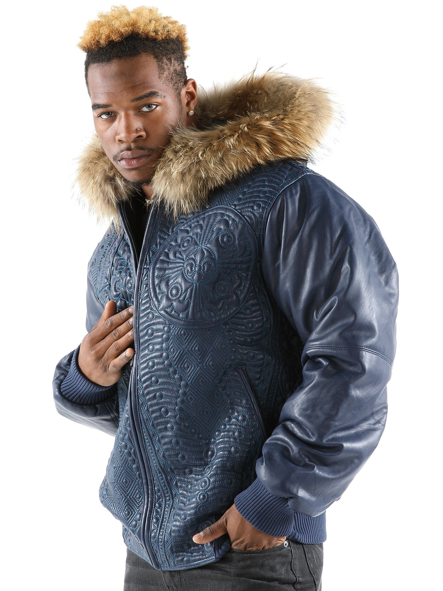 Pelle Pelle Men Navy Blue Encrusted Jacket | Leather Jacket view 2