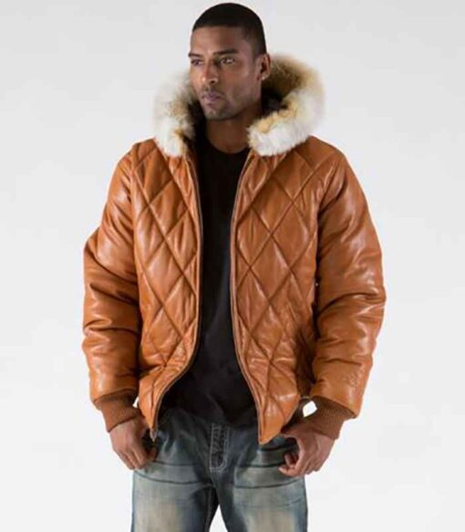 Pelle Pelle Brown Men Quilted Leather Jacket | Fur Hood