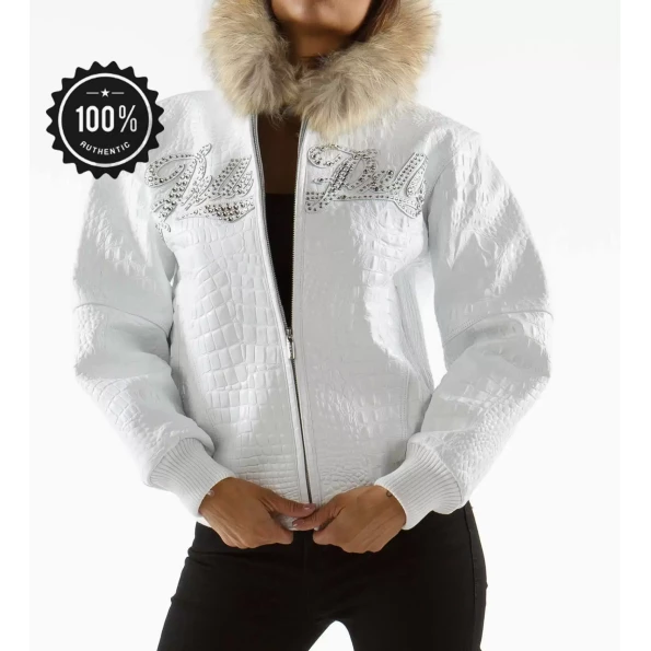 Pelle Pelle Women Encrusted White Jacket | Fur Hood Jacket view 2