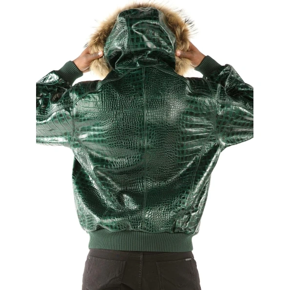 Pelle Pelle Green Crocodile Leather Jacket | Fur Hood Jacket view 2
