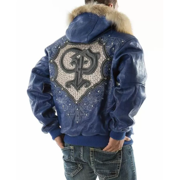 Pelle Pelle Men Dark Blue Fur Hood Jacket | PP Crest Jacket view 2