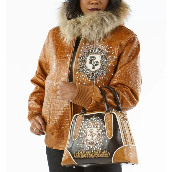 Pelle Pelle Brown MB Crest Fur Hood Jacket | Studded Jacket view 2