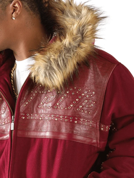 Pelle Pelle Men Red Wool Fur Hood Jacket | Studs Jacket view 4