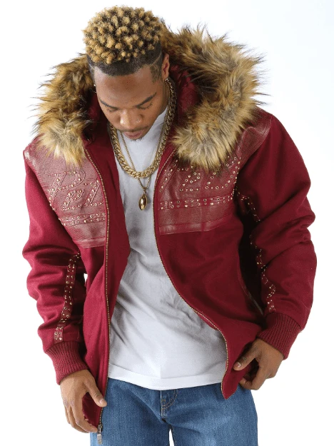 Pelle Pelle Men Red Wool Fur Hood Jacket | Studs Jacket view 2