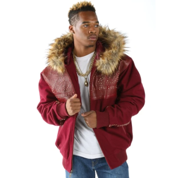 Pelle Pelle Maroon Fur Hood Wool Jacket | Men Jacket view 2