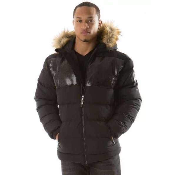 Pelle Pelle Black Snakeskin Puffer Jacket | Fur Hood Jacket view 2
