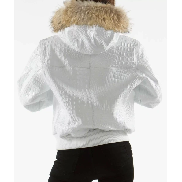 Pelle Pelle Women White Croc Leather Jacket | Fur Hood view 2