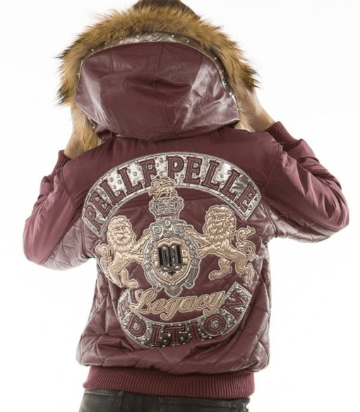Pelle Pelle Women Puffer Fur Hood Jacket | Burgundy Jacket view 2