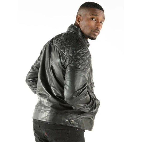 Pelle Pelle Men Quilted Biker Leather Jacket | Black Jacket view 2