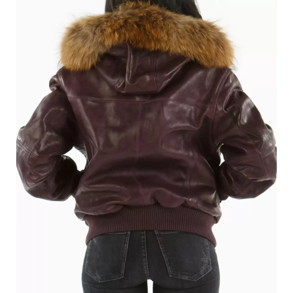 Pelle Pelle Burgundy Fur Hood Leather Jacket | Women Jacket view 2