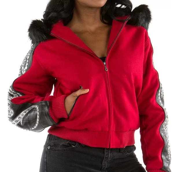 Pelle Pelle Red Wool Leather Fur Hood Jacket | Women Jacket view 2