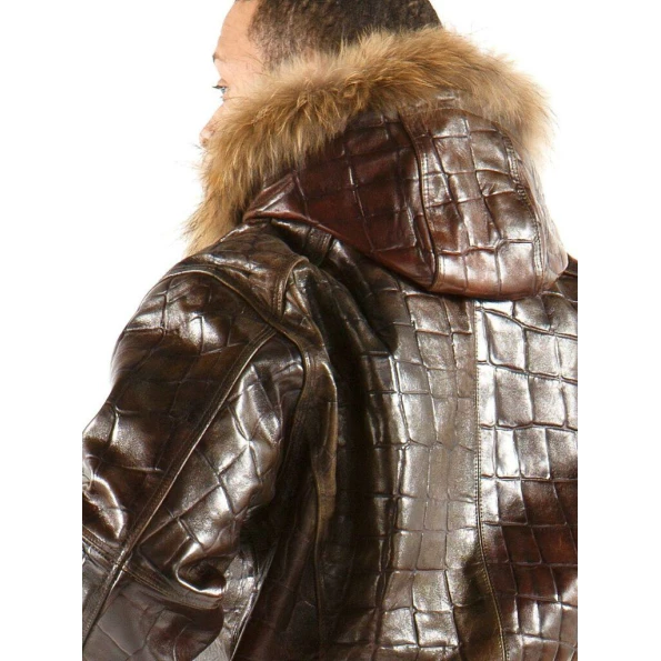 Pelle Pelle Dark Brown Croc Leather Jacket | Fur Hood Jacket view 2